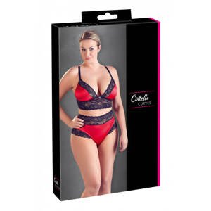 Cottelli Plus Size – súprava so saténovou čipkovanou podprsenko (čierno-červená)3XL